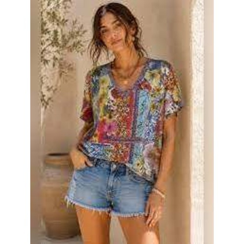 Johnny Was Patchwork Floral V-Neck Top Womens Size M Multi Color Bamboo Viscose